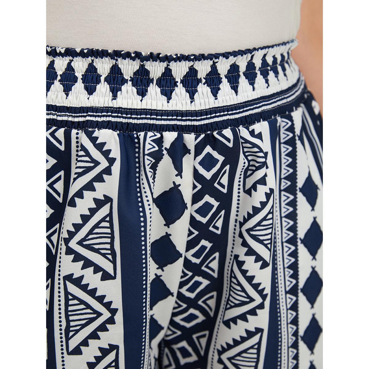 Plus Size Bandana Shirred Waist Pocket Shorts Women Blue Vacation Pocket Dailywear Shorts BloomChic 12/L Product Image