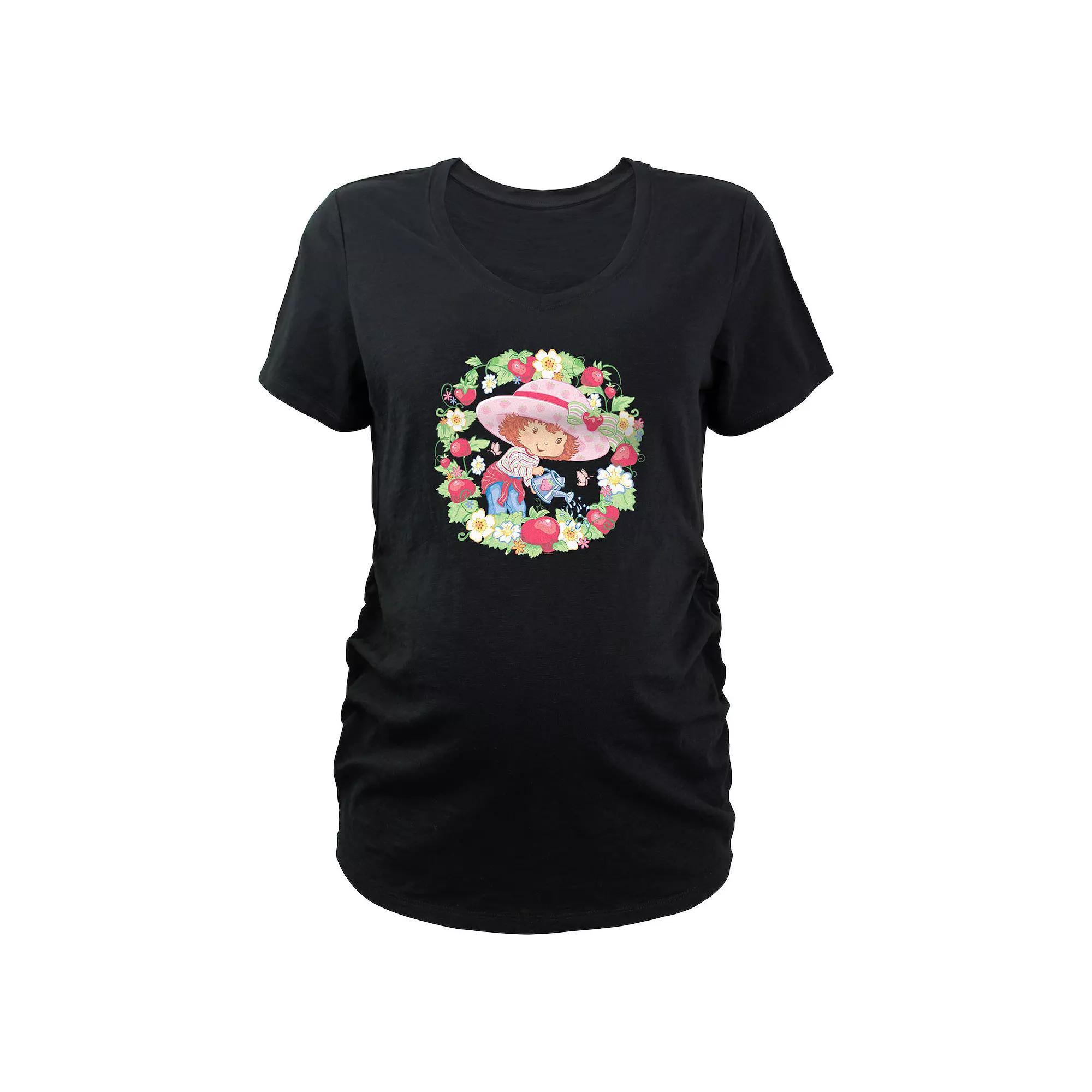 Maternity Strawberry Shortcake Flowers And Strawberries Wreath Graphic Tee, Women's, Size: Medium-Mat, Black Product Image