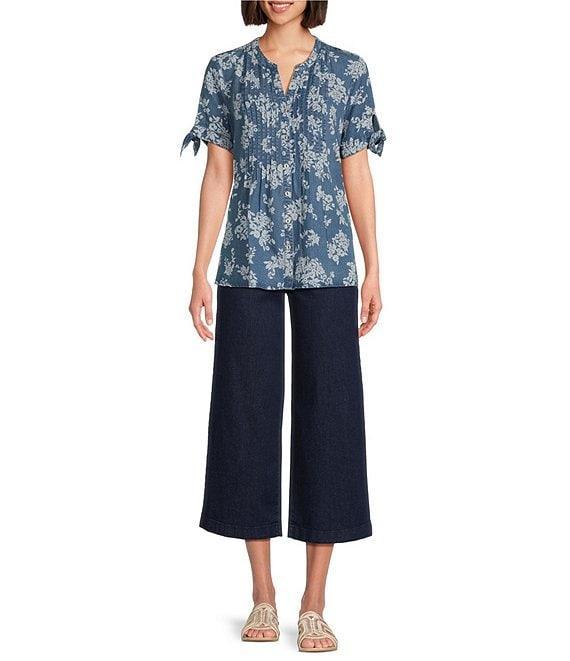 Allison Daley Blooming Flowers Print Short Tie Sleeve Y-Neck Button-Front Pintuck Blouse Product Image