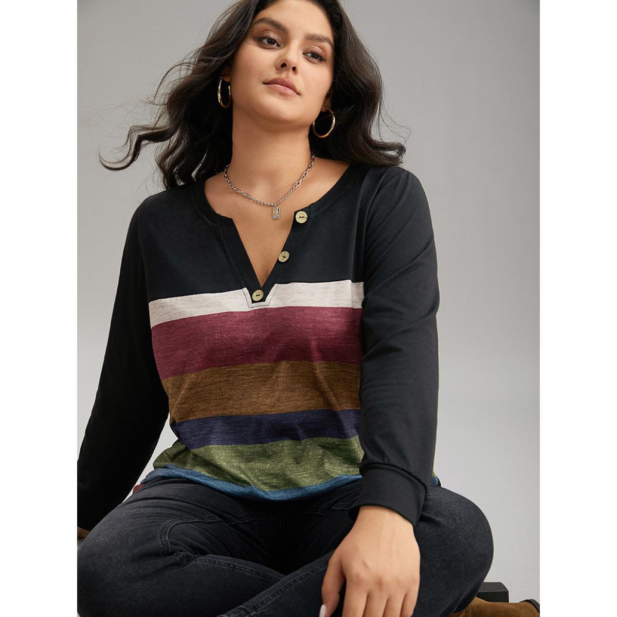 Plus Size Colorblock Contrast Notched Button Detail T-shirt Black Women Casual Contrast Striped Notched collar Dailywear T-shirts BloomChic 22-24/3X Product Image
