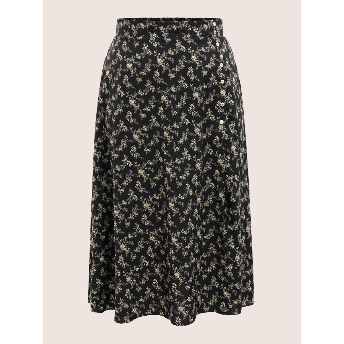 Plus Size Ditsy Floral Split Side Pocket Button Detail Skirt Women BlackFlower Elegant Slit No stretch Slanted pocket Everyday Skirts BloomChic 18-20/2X Product Image