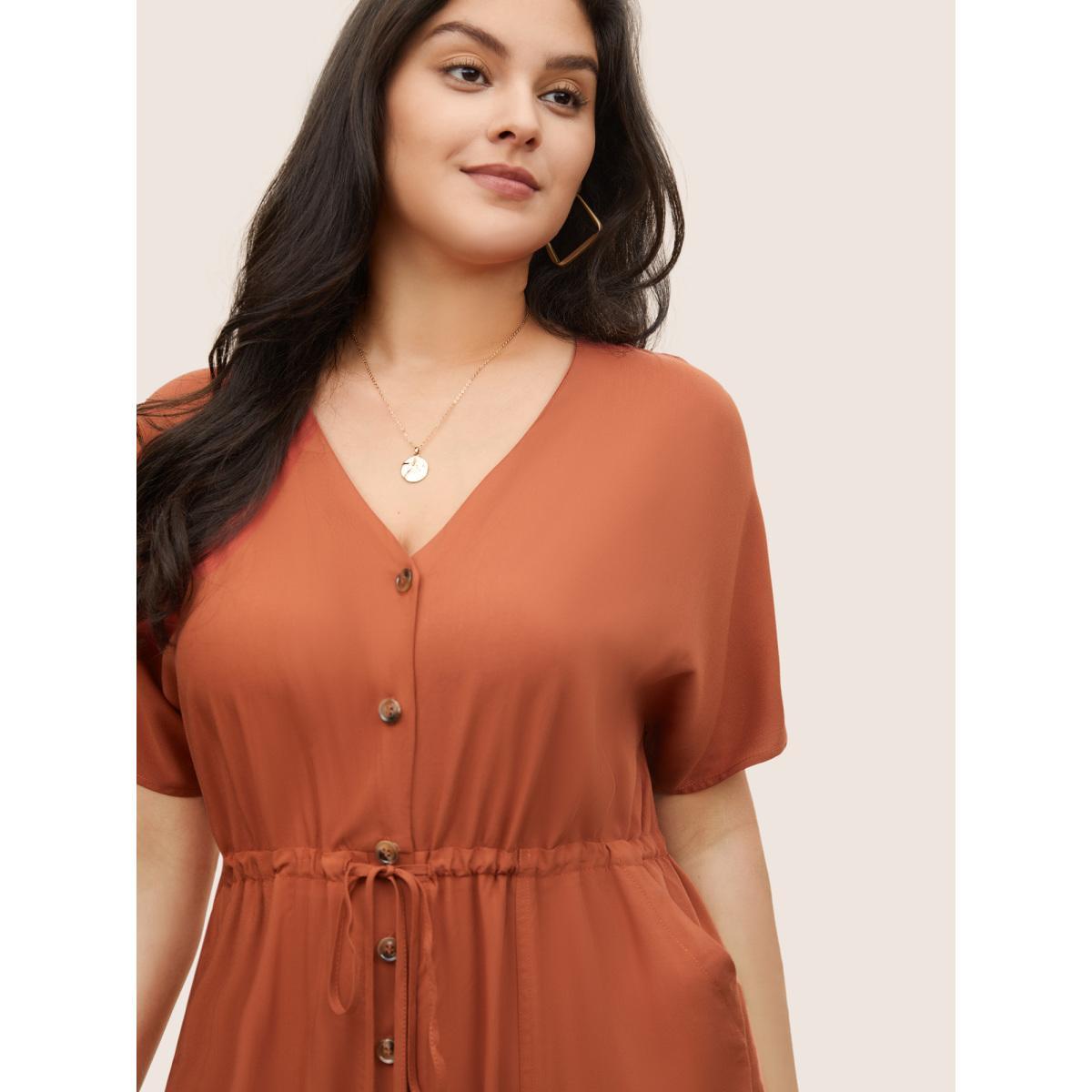 Plus Size Chocolate Plain Button Up Drawstring Gathered Pocket Jumpsuit Women Casual Short sleeve V-neck Everyday Loose Jumpsuits BloomChic 12/L Product Image