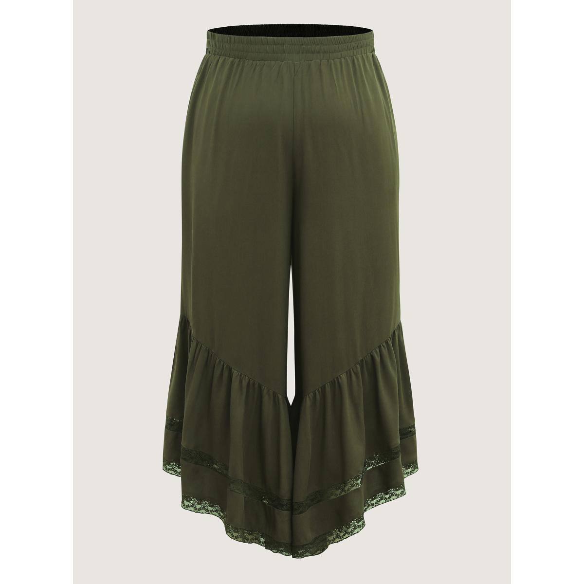 Plus Size Ruffled Lace Hem Wide-Leg Pants Women ArmyGreen Loose Mid Rise Vacation Pants BloomChic 28/5X Product Image