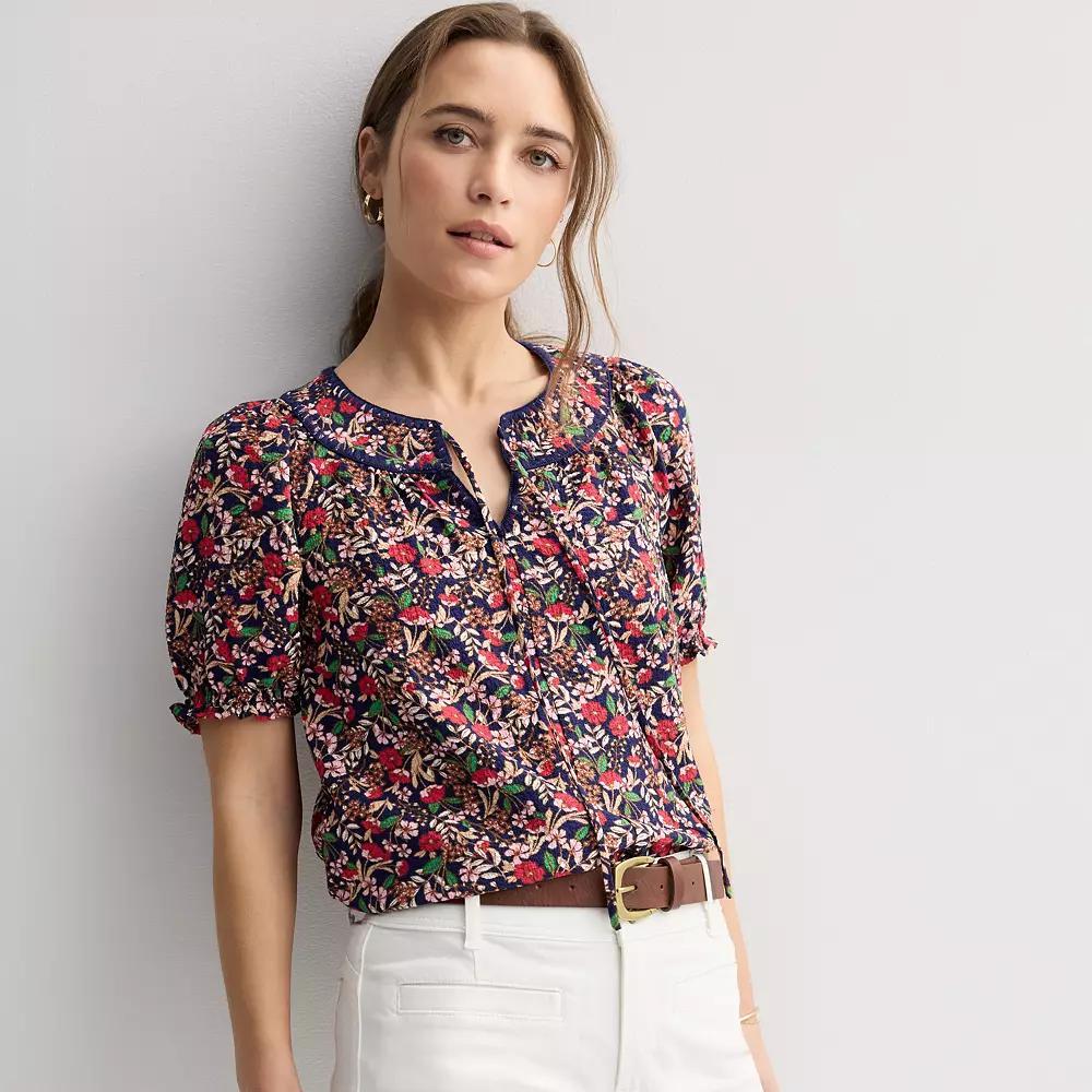 Women's Draper James Elbow Sleeve Tie Neck Puff Sleeve Top, Size: Small, Blue Team Product Image