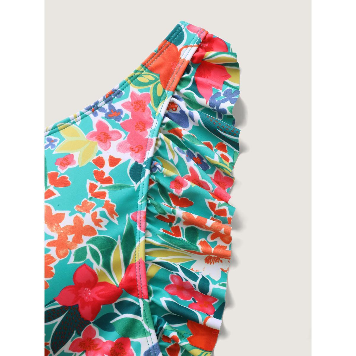 Plus Size Anti-Float Tie Ruffled Floral Swim Dress Women's Swimwear Malachitegreen Beach Bodycon Overlap Collar High stretch Curve Swim Dresses BloomChic 10/M Product Image