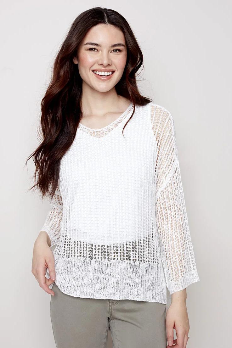 Fishnet crochet 3/4 sleeve dolman top Product Image