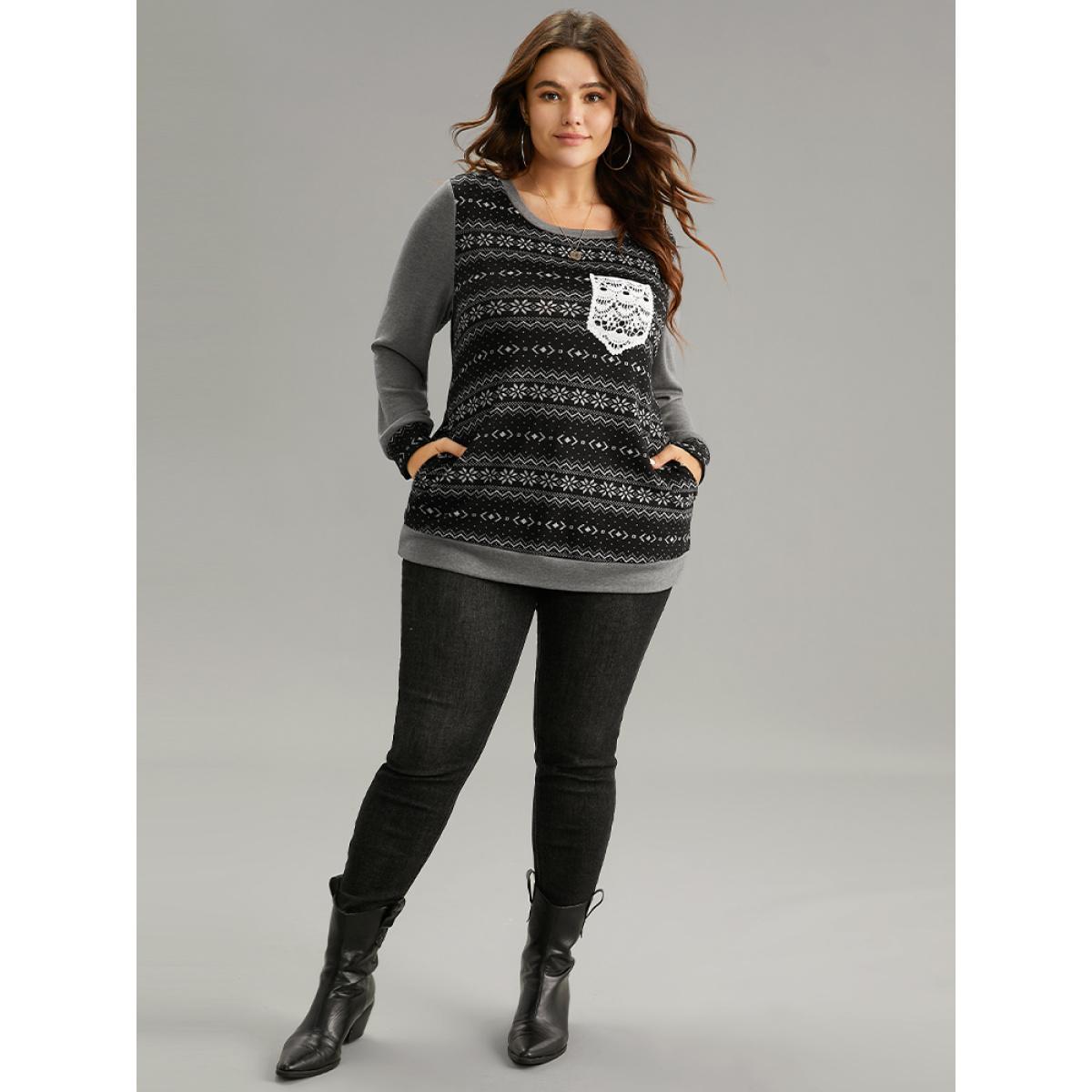 Plus Size Boho Print Patchwork Lace Panel T-shirt Black Women Casual Printed Bohemian Print Round Neck Dailywear T-shirts BloomChic 10/M Product Image