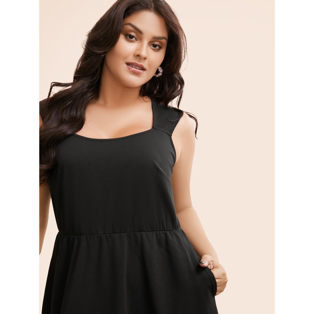 Plus Size Plain Elastic Waist Midi Tank Dress Black Women Elegant Non Square Neck Sleeveless Curvy BloomChic 26/4X Product Image