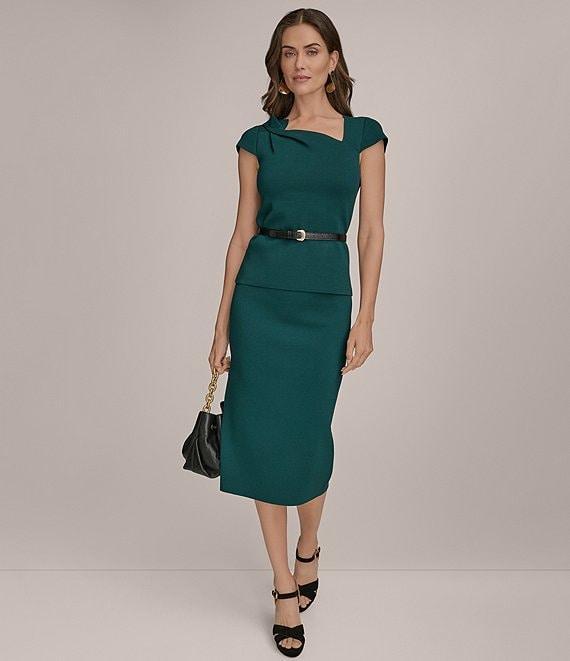 Donna Karan Asymmetric Neck Short Sleeve Belted Knit Top Product Image