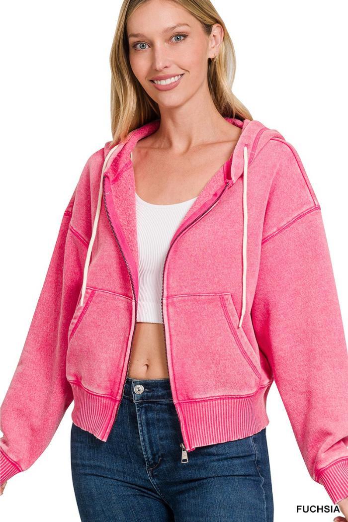 Acid wash fleece cropped zip-up hoodie w pockets Product Image