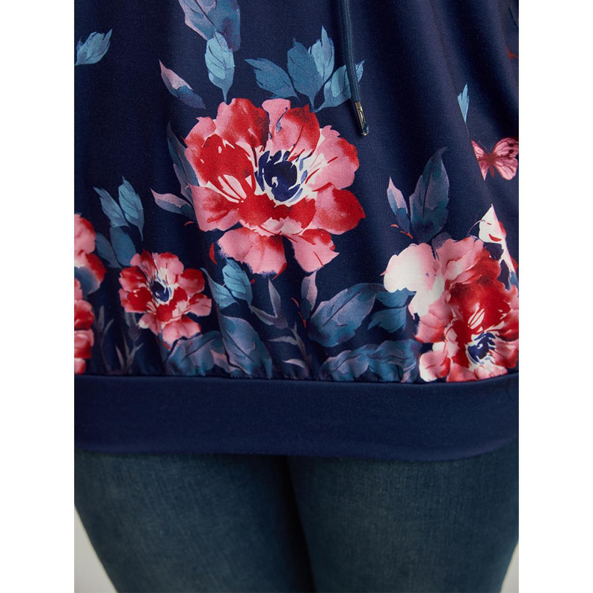 Plus Size Floral & Butterfly Print Hooded Drawstring Sweatshirt Women Multicolor Casual Printed Hooded Dailywear Sweatshirts BloomChic 14-16/1X Product Image