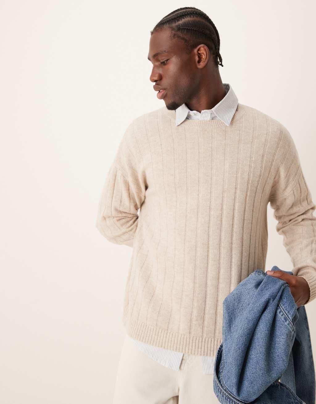 ASOS DESIGN relaxed knitted lambswool wide rib sweater in oatmeal Product Image