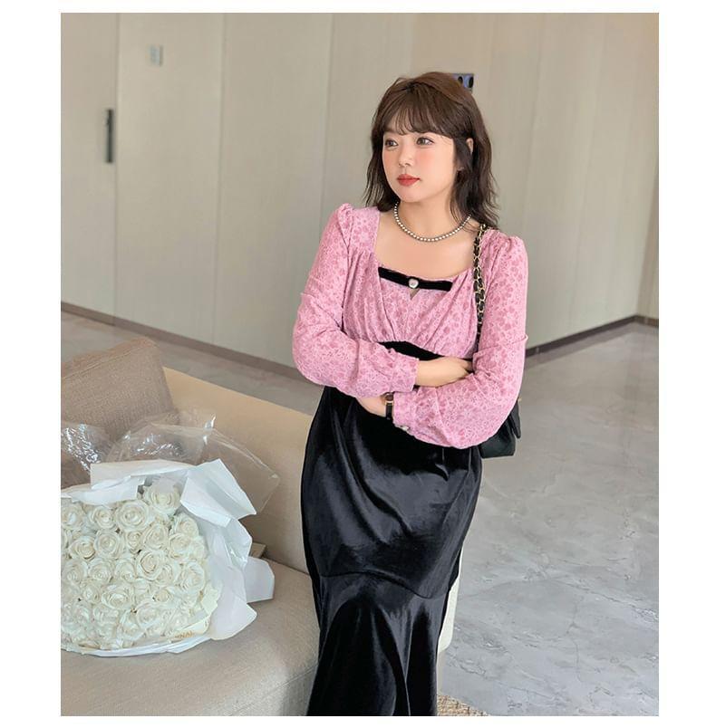 Plus Size Long Sleeve Square Neck Floral Two Tone Midi A-Line Dress Product Image
