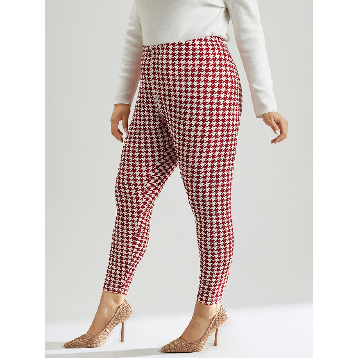 Plus Size Christmas Houndstooth Elastic Waist High Rise Leggings Women Raspberry Elegant High stretch Skinny High Rise Dailywear Leggings BloomChic 10/M Product Image