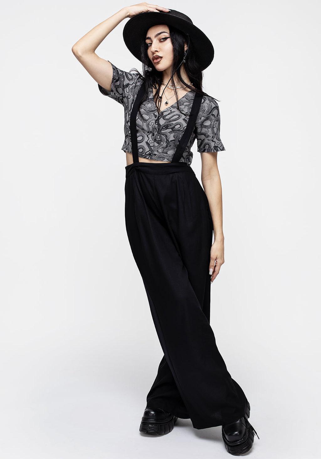 Ophidia Snakes Print Button Down Crop Top - Grey Product Image