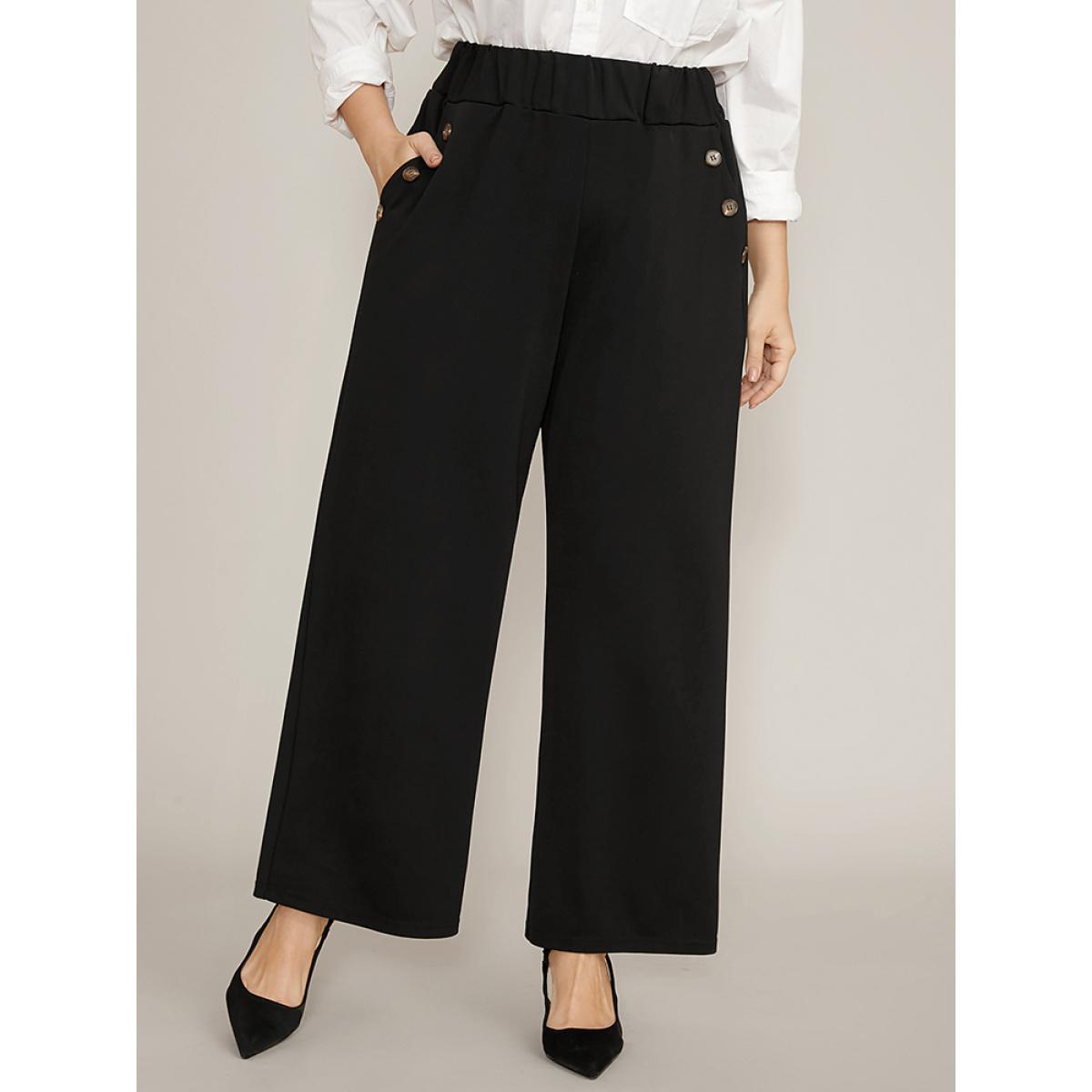 Plus Size Solid Elastic Waist Button Detail Pocket Wide Leg Pants Women Black Office Wide Leg High Rise Work Pants BloomChic 26/4X Product Image