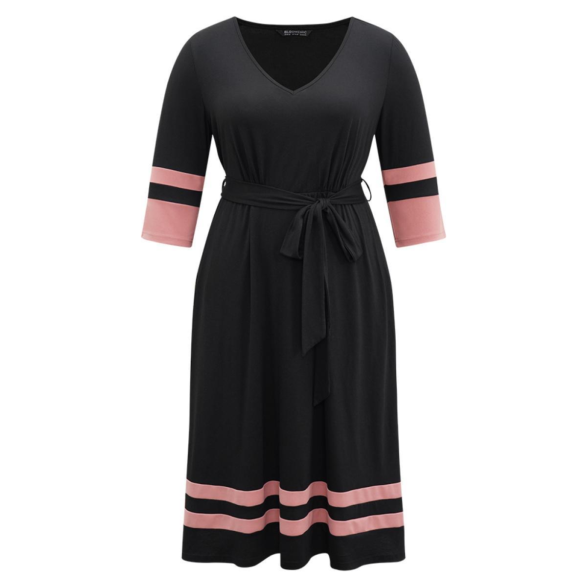 Plus Size Colorblock Contrast Elastic Waist Pocket Belted Dress Black Women Casual Belted V-neck Elbow-length sleeve Curvy Midi Dress BloomChic 14-16/1X Product Image