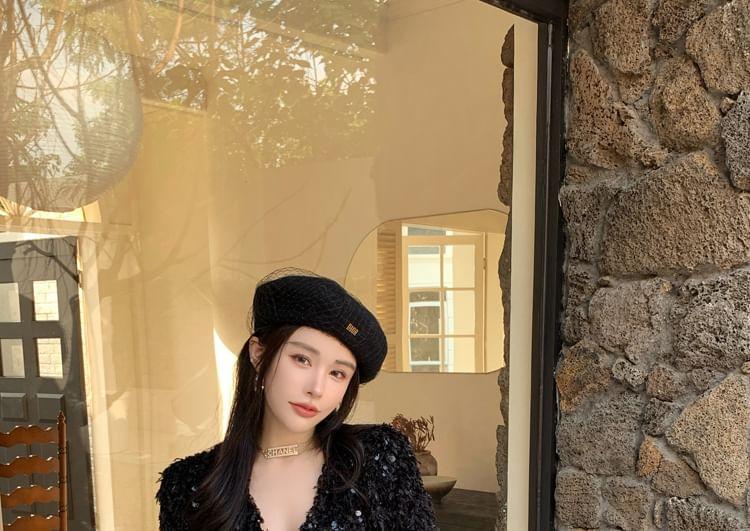 V-Neck Sequin Fluffy Jacket Product Image