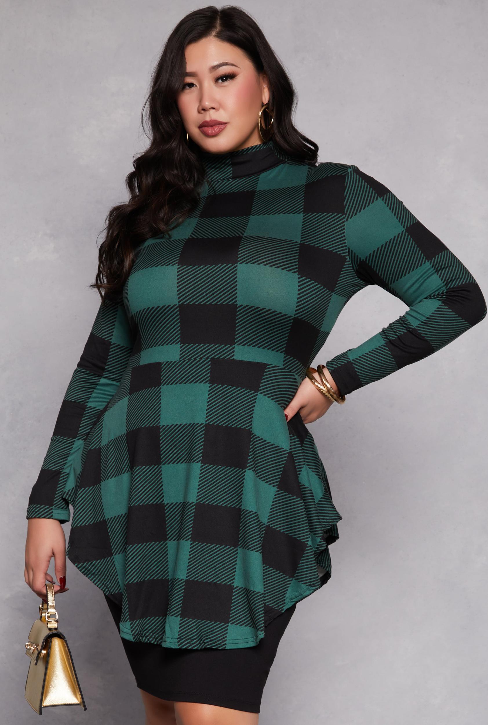Womens Plus Size Buffalo Plaid Mock Neck Peplum Top Product Image
