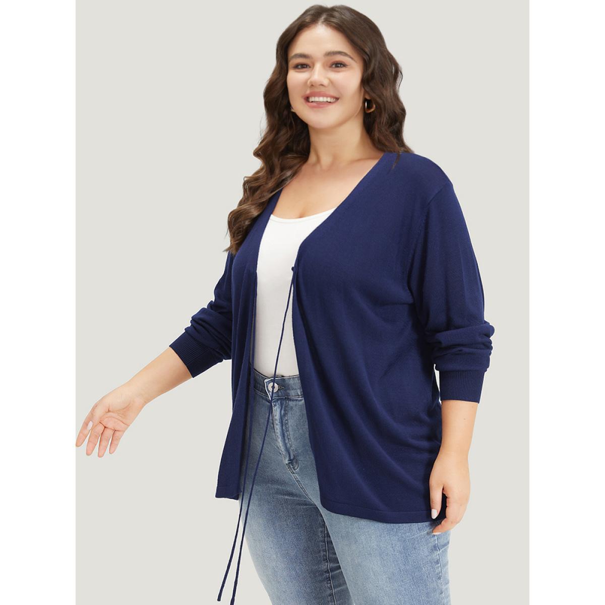 Plus Size Supersoft Essentials Plain Tie Front Elastic Cuffs Cardigan Indigo Women Casual Loose Long Sleeve Everyday Cardigans BloomChic 18-20/2X Product Image