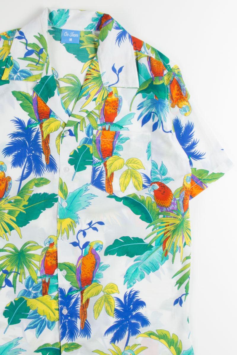 White Contrast Colored Parrots Hawaiian Shirt Product Image