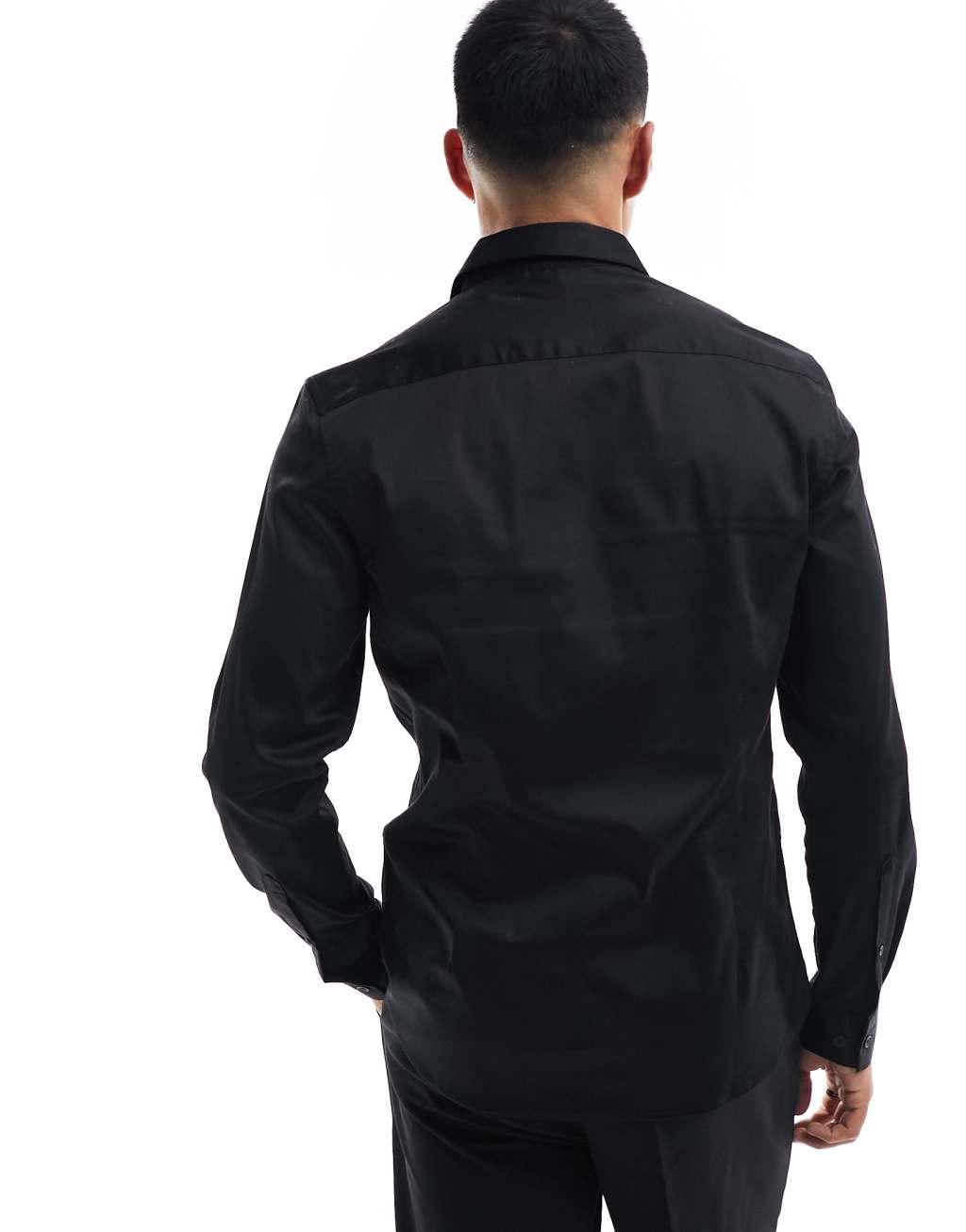ASOS DESIGN slim fit sateen shirt in black   Product Image