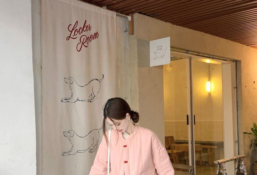 Long-Sleeve Stand Collar Plain Tee / Frog Buttoned Jacket / High Rise Wide Leg Pants Product Image