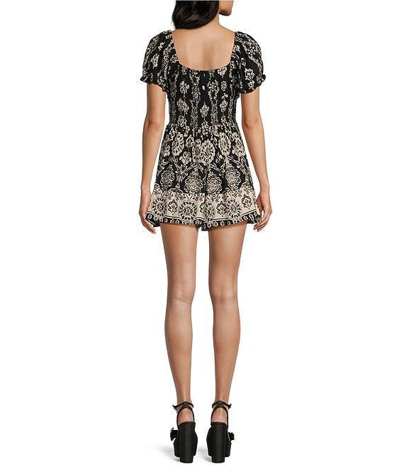 Angie Printed V-Neck Short Sleeve Tie Front Romper Product Image