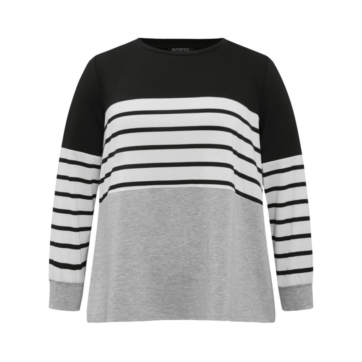 Plus Size Striped Patchwork Contrast Slight Crew Neck Sweatshirt Women Black Casual Contrast Round Neck Dailywear Sweatshirts BloomChic 10/M Product Image