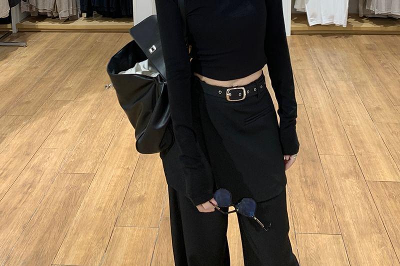 Long-Sleeve Round Neck Plain Crop Tee / High Rise Wide Leg Pants Product Image