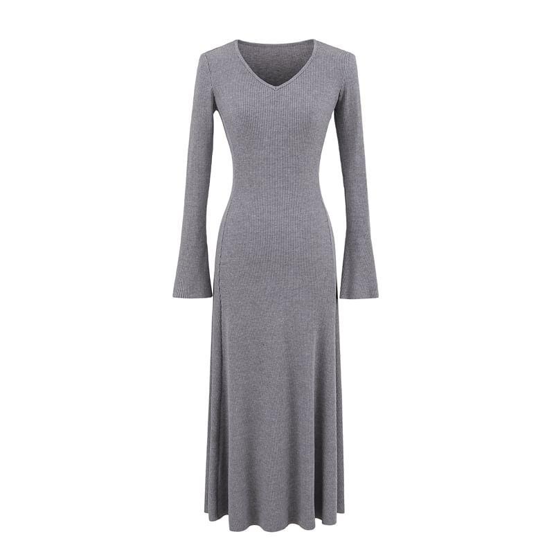 Long Sleeve V-Neck Plain Ribbed Maxi A-Line Dress Product Image