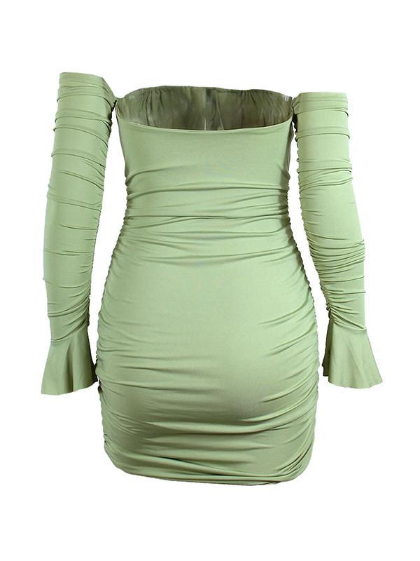 Solid Off Shoulder Ruched Trumpet Sleeve Mini Dress Product Image