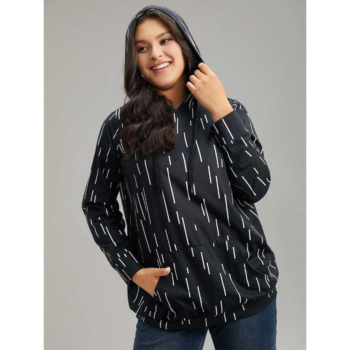 Plus Size Striped Asymmetrical kangaroo pocket Hooded Sweatshirt Women Black Casual Printed Hooded Dailywear Sweatshirts BloomChic 14-16/1X Product Image
