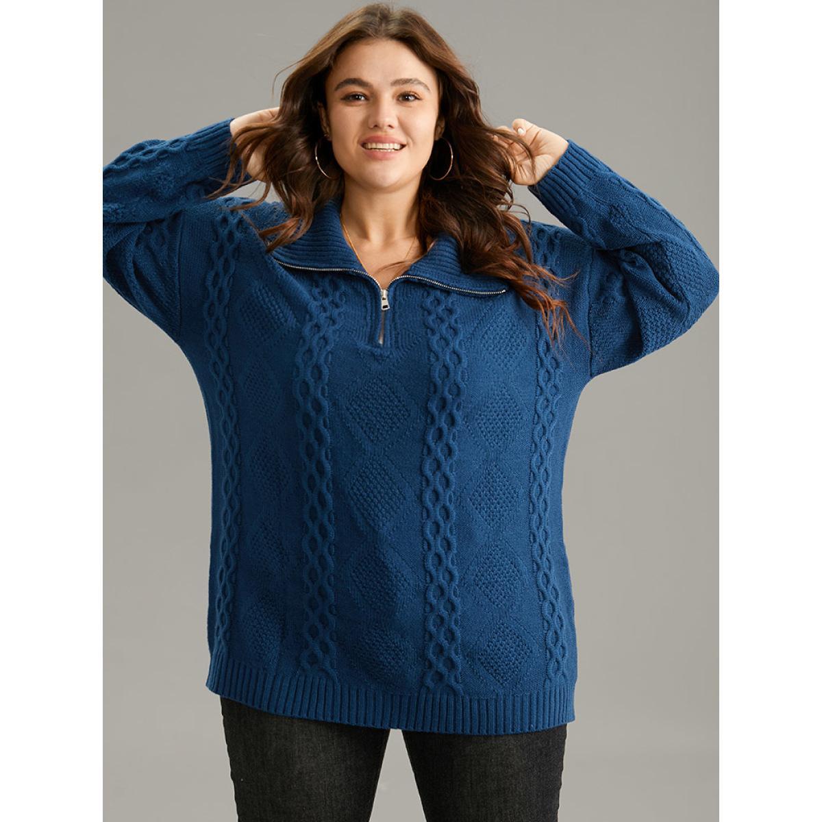 Plus Size Zipper Lapel Collar Cable Knit Pullover Indigo Women Casual Loose Long Sleeve Lapel Collar Dailywear Pullovers BloomChic 22-24/3X Product Image