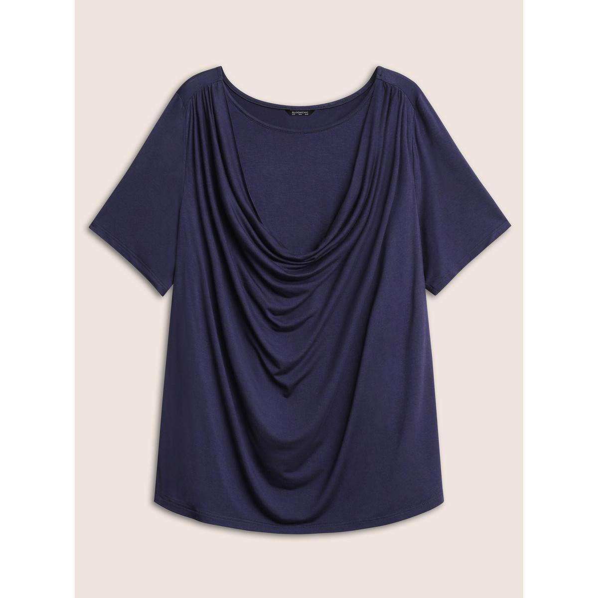 Plus Size Solid Cowl Neck Gathered T-shirt Indigo Women Elegant Non Plain Cowl Neck Everyday T-shirts BloomChic 28/5X Product Image