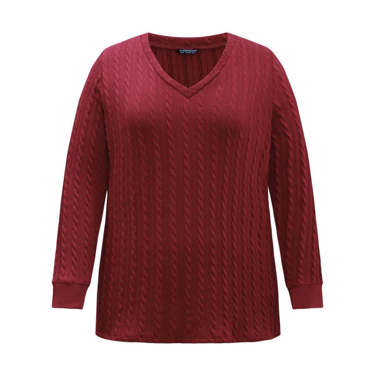 Plus Size Rib Knit Plain Elastic Cuffs Sweatshirt Women Scarlet Elegant Rib Knit V-neck Dailywear Sweatshirts BloomChic 14-16/1X Product Image
