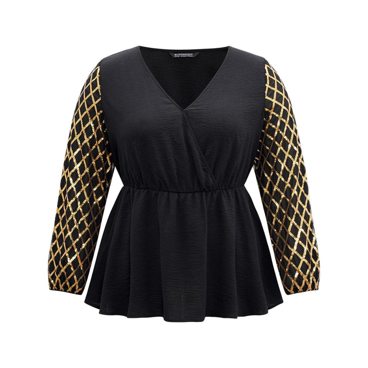 Plus Size Black Plaid Sequin Patchwork Wrap Blouse Women Glamour Long Sleeve Overlap Collar Festival-Christmas Blouses BloomChic 12/L Product Image