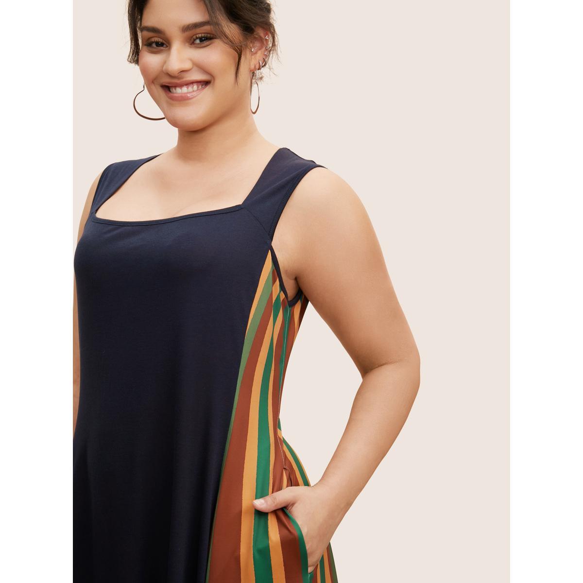 Plus Size Square Neck Patchwork Striped Maxi Dress Navy Women Casual Contrast Square Neck Sleeveless Curvy BloomChic 26/4X Product Image
