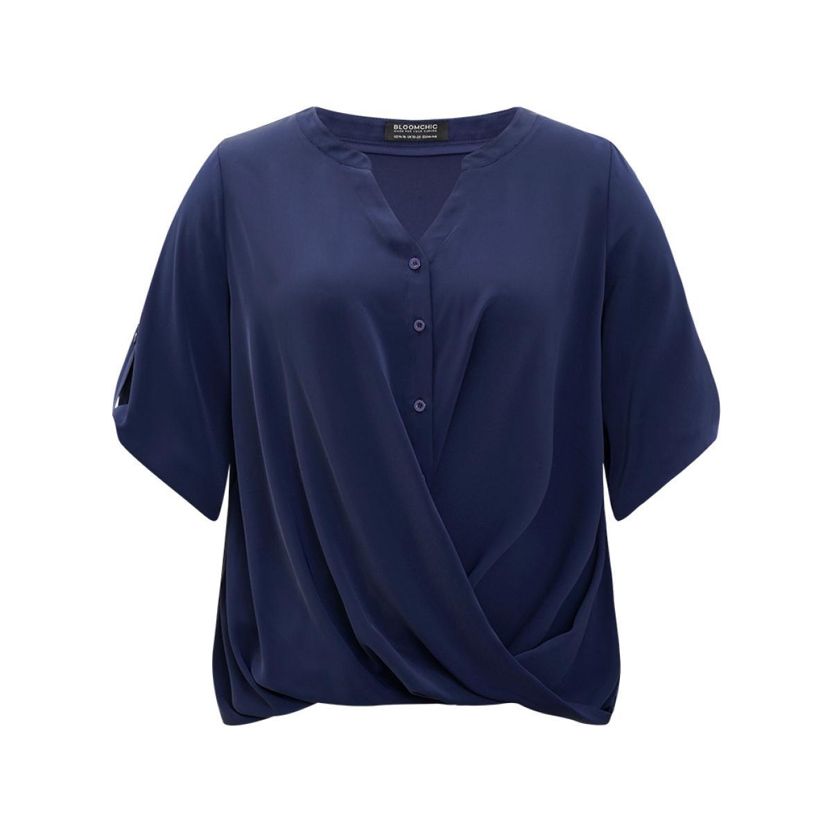 Plus Size Indigo Solid Button Up Notched Crossover Hem Blouse Women Office Elbow-length sleeve Notched collar Work Blouses BloomChic 30/6X Product Image