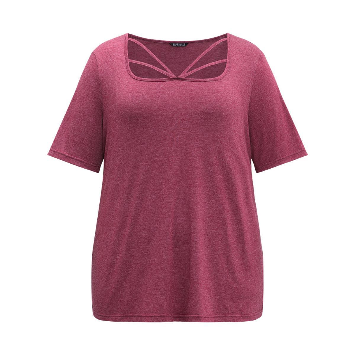Plus Size Plain Heather Crisscross Square Neck T-shirt Burgundy Women Casual Plain Plain Square Neck Dailywear T-shirts BloomChic 18-20/2X Product Image