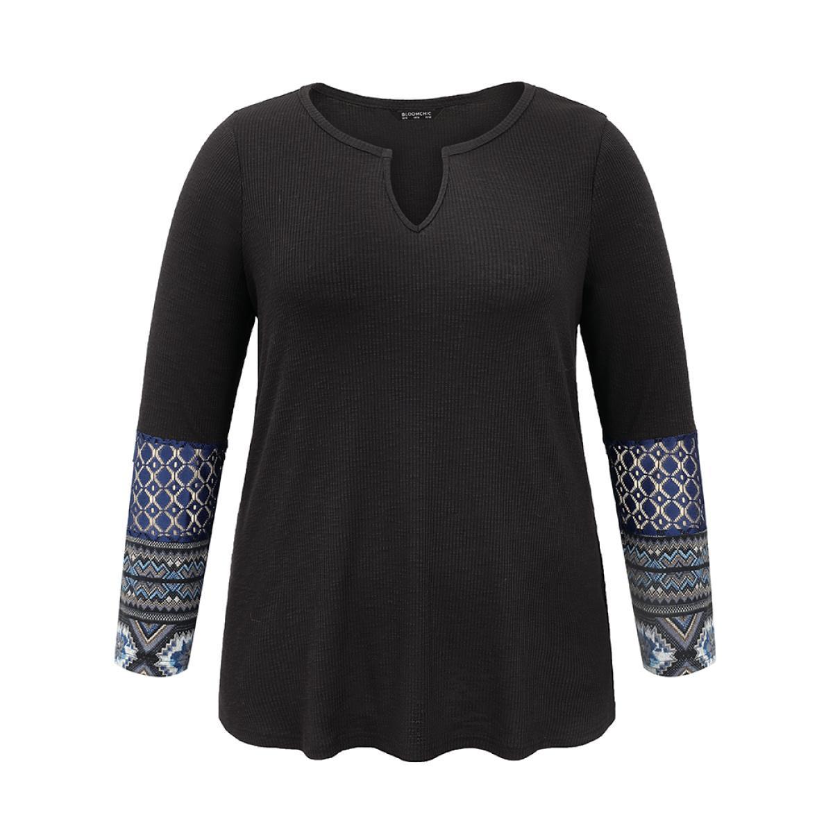 Plus Size Boho Print Texture Notched Patchwork Lace T-shirt Black Women Casual Texture Bohemian Print Notched collar Dailywear T-shirts BloomChic 28/5X Product Image