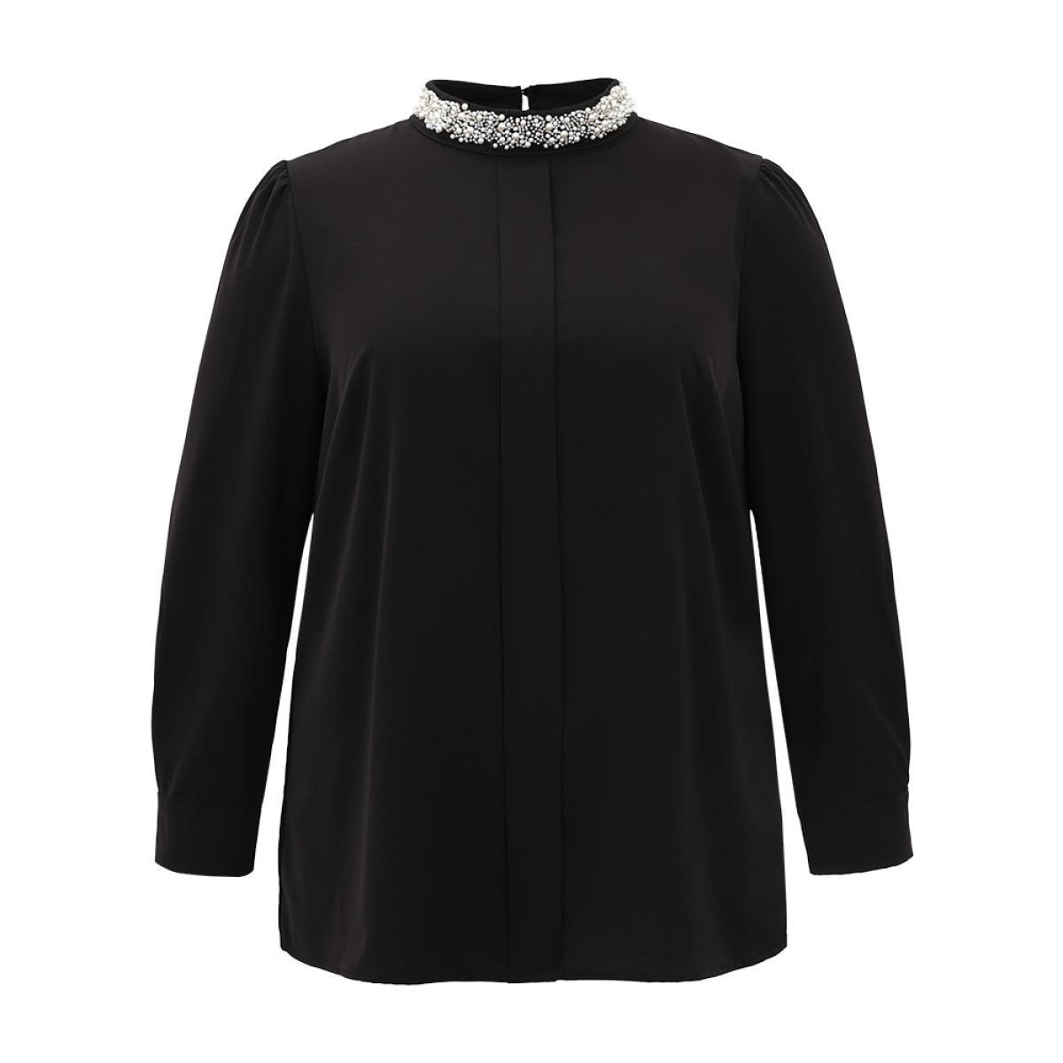 Plus Size Black Anti-Wrinkle Pearl Beaded Contrast Webbing Blouse Women Glamour Long Sleeve Round Neck Going out Blouses BloomChic 26/4X Product Image