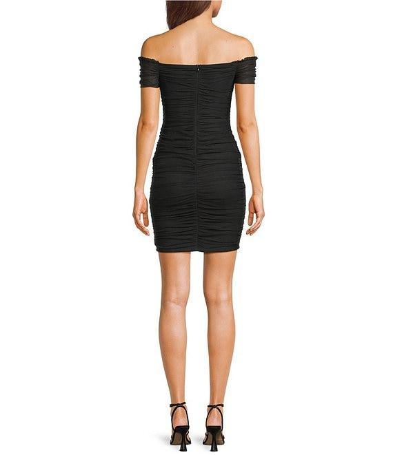 Next Up Mesh Off-The-Shoulder Sweetheart Neck Ruffle Edge Shirred Bodycon Dress Product Image