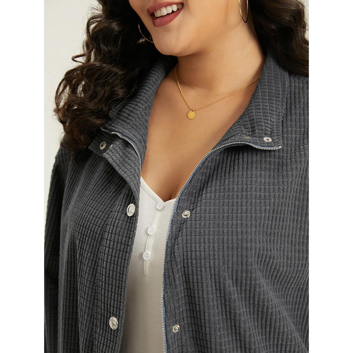 Plus Size Solid Texture Button Through Pocket Shacket Women Gray Elastic cuffs Pocket Everyday Jackets BloomChic 30/6X Product Image