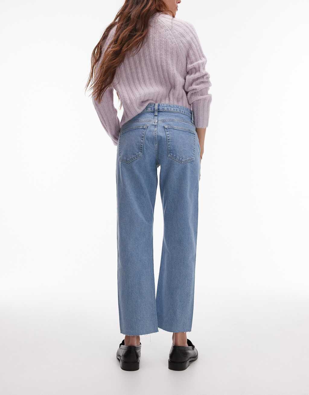 Topshop cropped mid rise straight jeans with raw hems in bleach Product Image