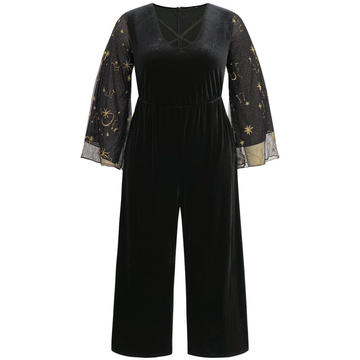 Plus Size Black Halloween Moon & Star Glitter Mesh Crisscross Neck Jumpsuit Women Elegant Long Sleeve Square Neck Festival-Halloween Loose Jumpsuits BloomChic 26/4X Product Image