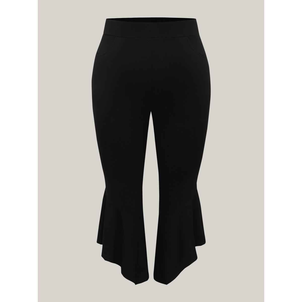Plus Size Stretchy Ruffled Hem Cropped Pants Women Black Casual Bodycon Mid Rise Everyday-Casual Pants BloomChic 28/5X Product Image