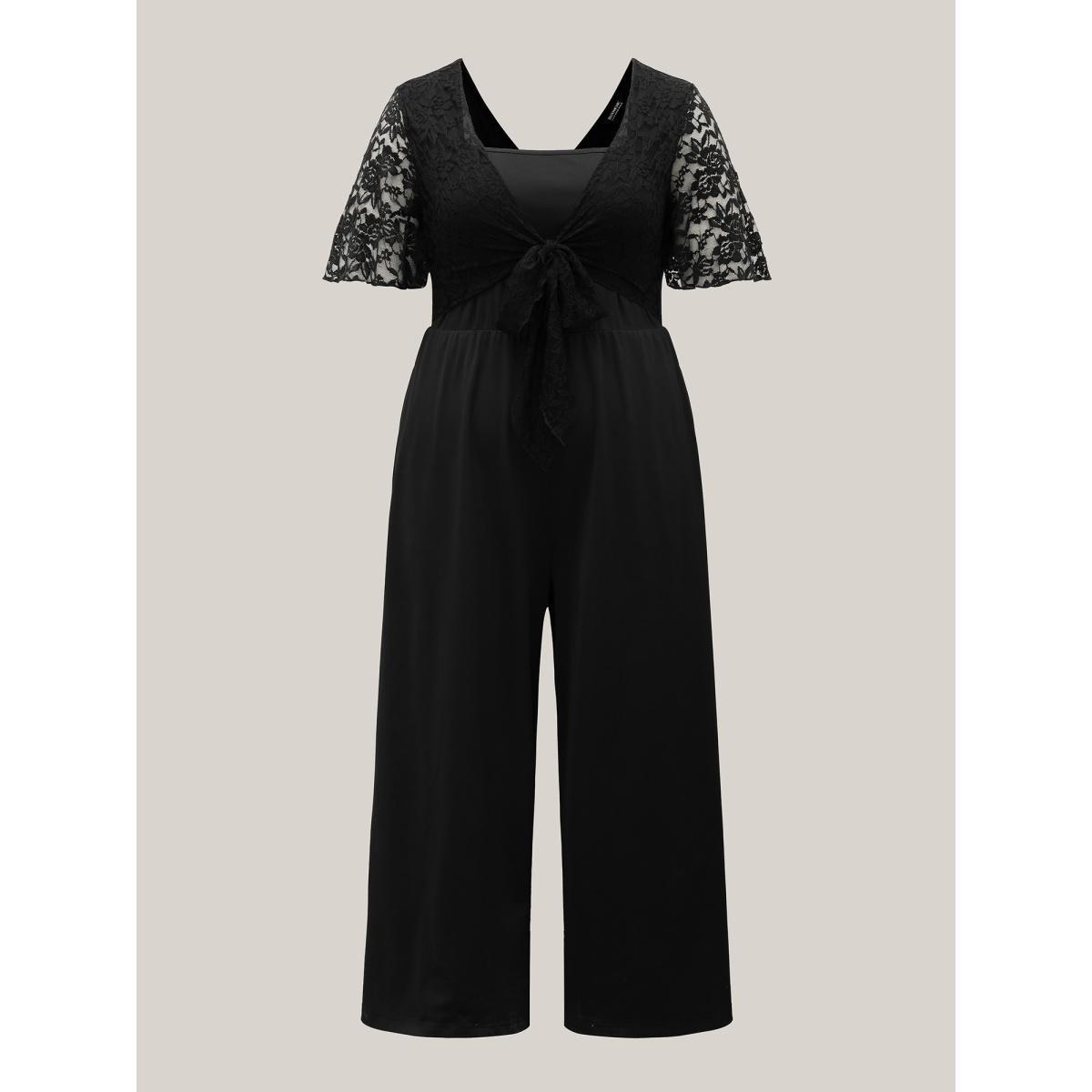 Plus Size Black Front-Tie Sheer Lace Sleeve Jumpsuit Women Elegant Short sleeve Asymmetrical Neck Everyday-Elegant Loose Jumpsuits BloomChic 14-16/1X Product Image