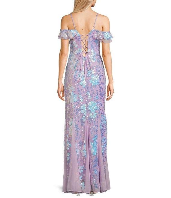 Morgan & Co. Floral Sequin V-Neck Off-The-Shoulder Sleeve Dress Product Image
