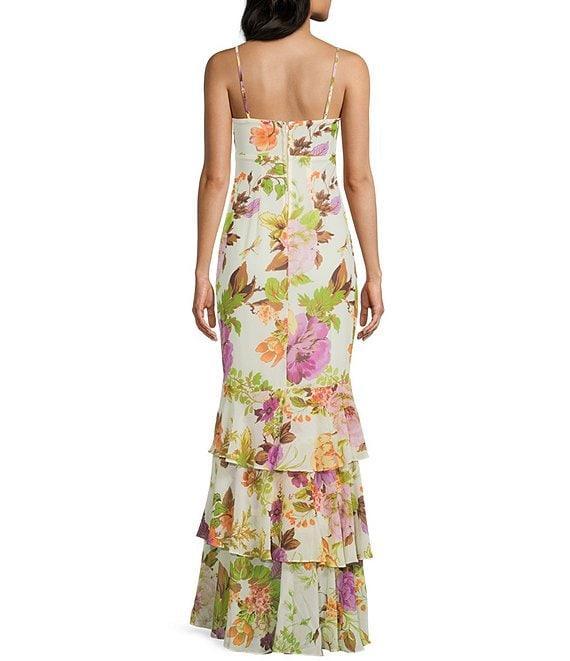 City Vibe Chiffon Floral Print Drape Neck Drop Waist Ruffle Tiered Maxi Dress Product Image